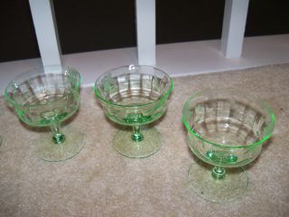 6 Antique Depression Glass Etched Glasses long Stem Sherbet Vaseline Green 3