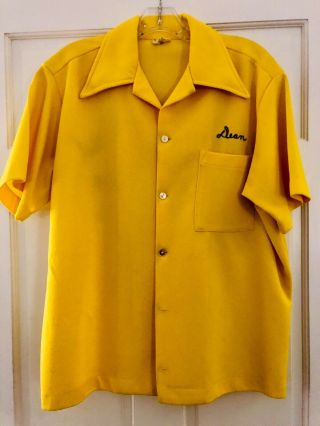 Vintage Mr.  Mort ' s Bowling Shirt Embroidered Size L Yellow Polyester Perfect 5