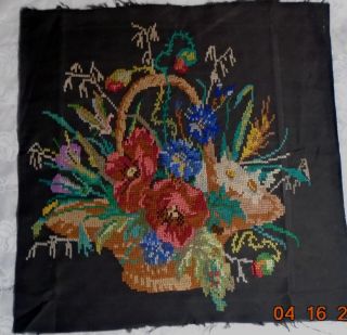 Antique Late 19th Century Needlepoint " Basket With Flowers " 1870 - 1920