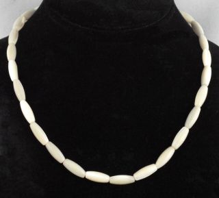 Antique Vintage Mother Of Pearl Oblong Beads Necklace W/ Sterling Silver Clasp
