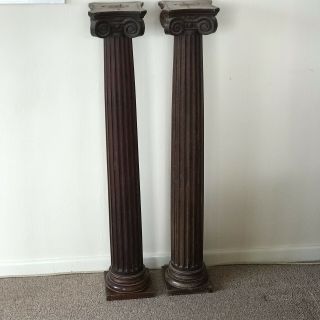 Pair Antique Architectural Solid Mahogany Reeded Column Stands Posts Bar 104 Cm