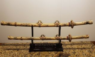Antique Chinese Bone Carved Swords Ceremonial