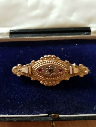 Antique Victorian 9ct Gold Ruby And Diamond Bar Brooch