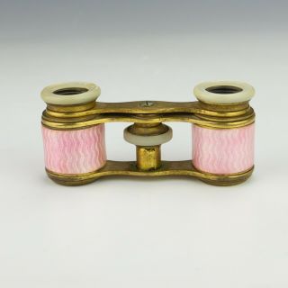 Antique Pink Guilloche Enamel & Mother Of Pearl Opera Glasses 5
