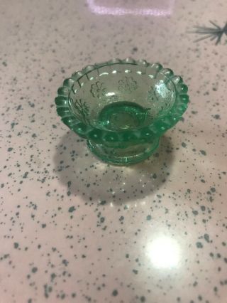Vintage Antique Salt Dip Cellar Green Glass Footed Daisy Flower Lacy Beaded Trim