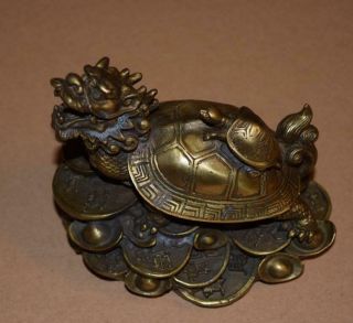 China Feng Shui Brass Copper Dragon Turtle Tortoise Wealth Yuanbao Coin Statue