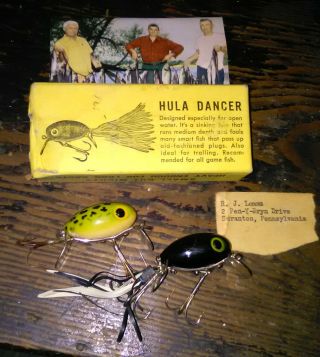 Two Vintage Fred Arbogast Hula Dancer Fishing Lures Papers
