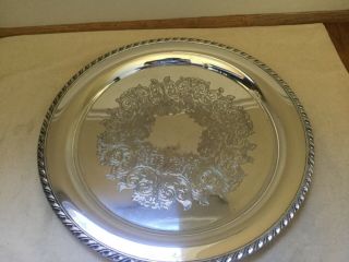 Wm A Rogers Silver Plate Round Etched Serving Tray 14.  5”