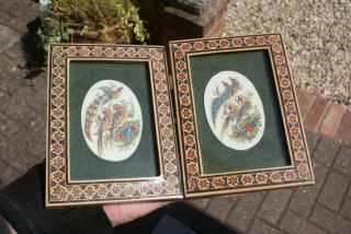 2 Vintage Picture Frames Hand Painted Bird Plaques In Mosaic Inlaid Frames
