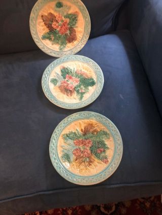Antique Basket Weave 8 1 /2 “majolica Plates Turquoise Floral 3