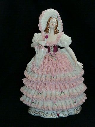Gorgeous Large Dresden Lace Lady With Umbrella Figurine