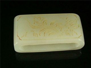 Fine Old Chinese Nephrite White Jade Belt Hook Buckle Orchid & Mark At Bottom
