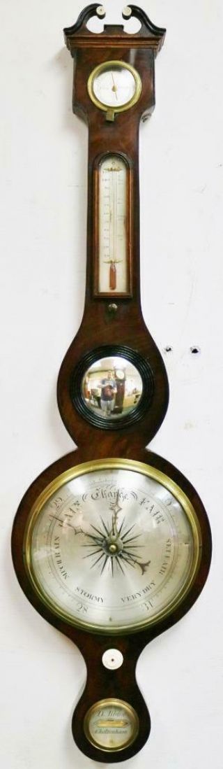 Fine Antique English Banjo Mahogany Wall Barometer,  Thermometer & Hydrometer
