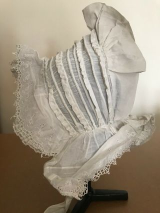 Exceptional Antique French Ladies Bonnet - Heavy Cotton Embroidered W.  Pleats
