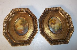 2 Antique Signed Van Holt Miniature Gold Framed/bubble Glass Paintings