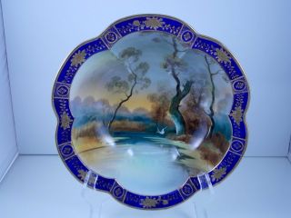 Antique Hand Painted Noritake Gold Enameled Decorative Bowl With Swan In Lake