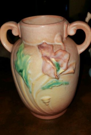 Antique Roseville Pottery Vase Poppy 867 - 6 Pattern Pink Double Handled Vase