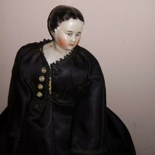Antique China Head Doll Civil War Black Silk Mournng dress Head turned sideways 2