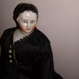 Antique China Head Doll Civil War Black Silk Mournng dress Head turned sideways 3