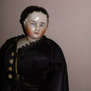 Antique China Head Doll Civil War Black Silk Mournng dress Head turned sideways 4