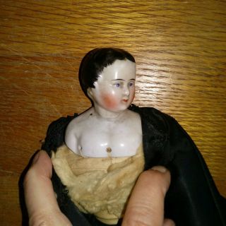 Antique China Head Doll Civil War Black Silk Mournng dress Head turned sideways 5