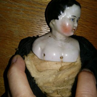 Antique China Head Doll Civil War Black Silk Mournng dress Head turned sideways 6