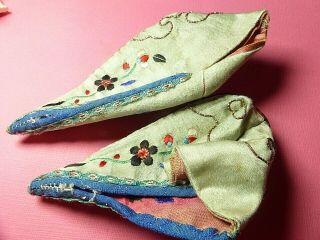 Antique Chinese Bound Feet Lotus Silk Embroidered Shoes