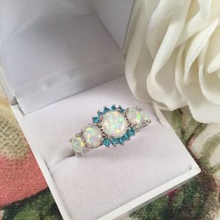Vintage Jewellery Sterling Silver Ring With Opals Aquamarines Antique Jewelry 10