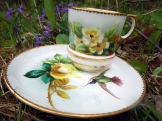 Antique Cup Saucer George Jones Yellow Roses Flowers Floral Hand Painted Gold