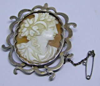 Ornate Antique White Metal Mounted Carved Shell Cameo Brooch