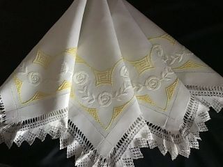 Antique Linen Hand Embroidered Tablecloth Art Deco Florals/lace