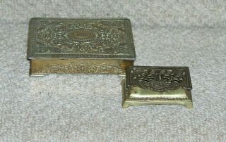 Antique Art Nouveau Style Sunflower Solid Brass Stamp Box And Gold Trinket Box