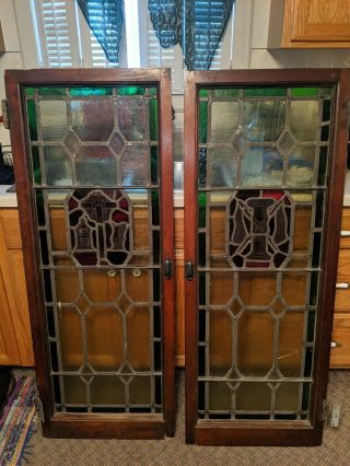 Set Of Two Stunning Antique vintage leaded Stained Glass Church Windows 12