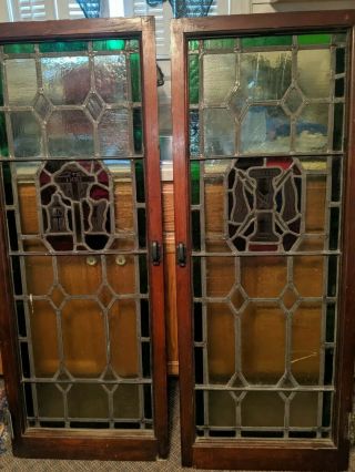 Set Of Two Stunning Antique Vintage Leaded Stained Glass Church Windows