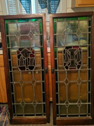Set Of Two Stunning Antique vintage leaded Stained Glass Church Windows 9