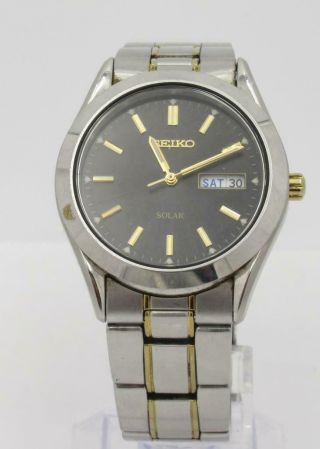 Seiko Solar Sne047 Mens Two Tone Stainless Steel Black Dial Day/date 38mm Watch