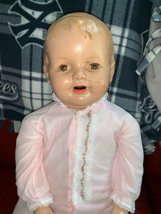 Big 25” Vintage Antique Composition And Cloth Baby Doll Brown Eyes Unmarked