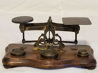 Antique Postal Scale Brass and Wood With Weights General Store 2