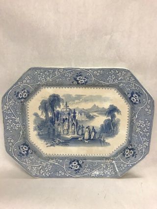 Asian Rectangle Platter Oriental 18 In Antique Blue Transferware Columbia