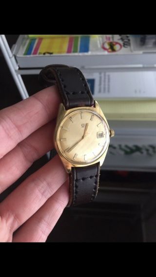 Vintage Yellow Gold Mens Wrist Watch,  Hand - Wound,  Custom Stitched Leather Strap
