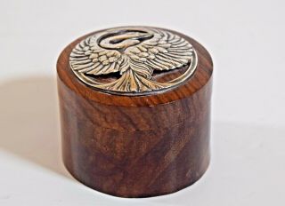 Vintage Turned Wooden Trinket Box With White Metal Art Nouveau Swan To Top Treen