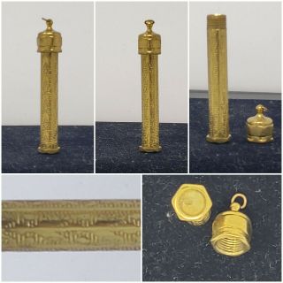 Antique Victorian Sewing Needle Case Pendant Ornate Brass,  Screw Lid 2.  75 "