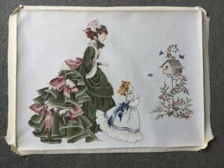 Vintage Stunning Hand Embroidered Picture Crinoline Lady & Little Girl