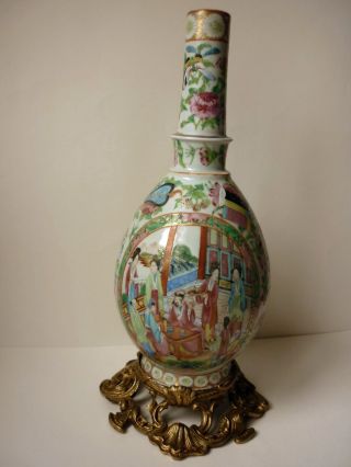 Antique Chinese Export Rose Medallion Porcelain Vase Gilt Bronze Mount