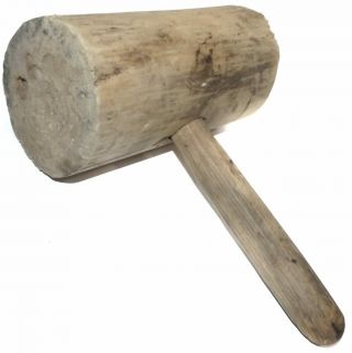 Large Weathered Antique Wood Mallet Hammer Primitive Wooden Tool