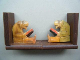 Antique Pair Anri Wood Carved Books Book End W/men Figuries Reading Books