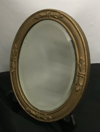 Vintage Gold Oval Wood Wall Hanging Mirror Beveled Frame Mounted Antique Carved