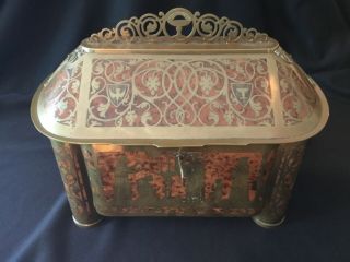 Large Antique Erhard & Sohne Inlaid Brass Burl Wood Reliquary Casket Jewelry Box 12