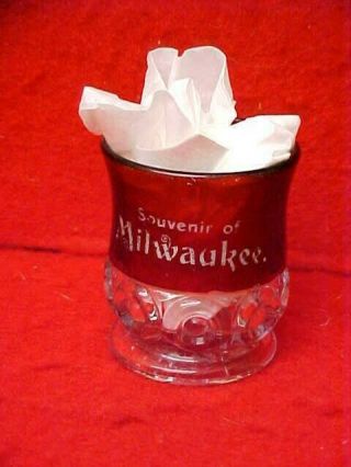 Antique 2 1/4 " Tall Cranberry/ruby Toothpick Holder " Souvenir Of Milwaukee "