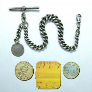 Antique English Silver Graduating Albert Pocket Watch Chain T Bar & Coin Fob 37g
